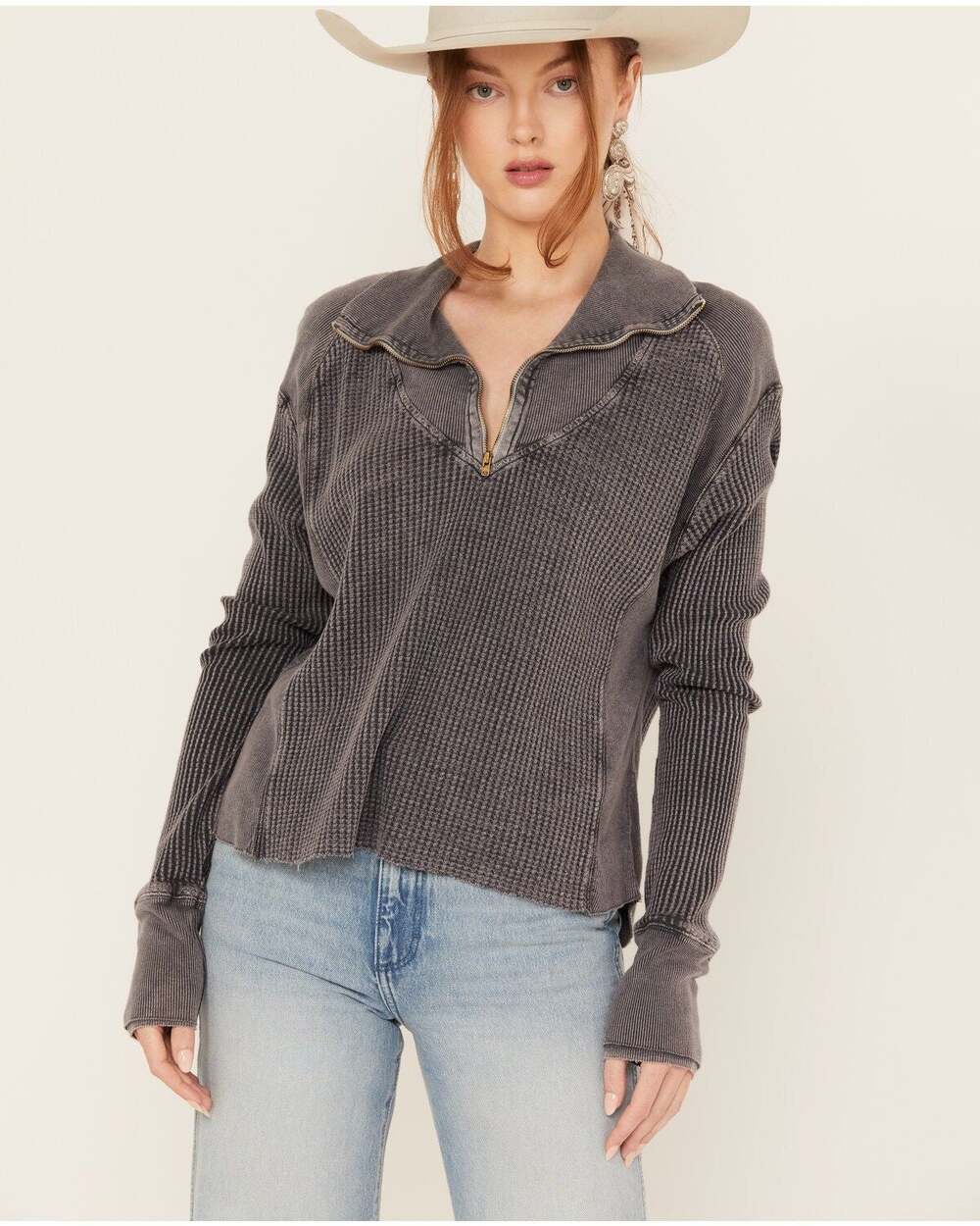 Free People Ashton Funnel Neck Half Zip Thermal Pullover Top Large Gray